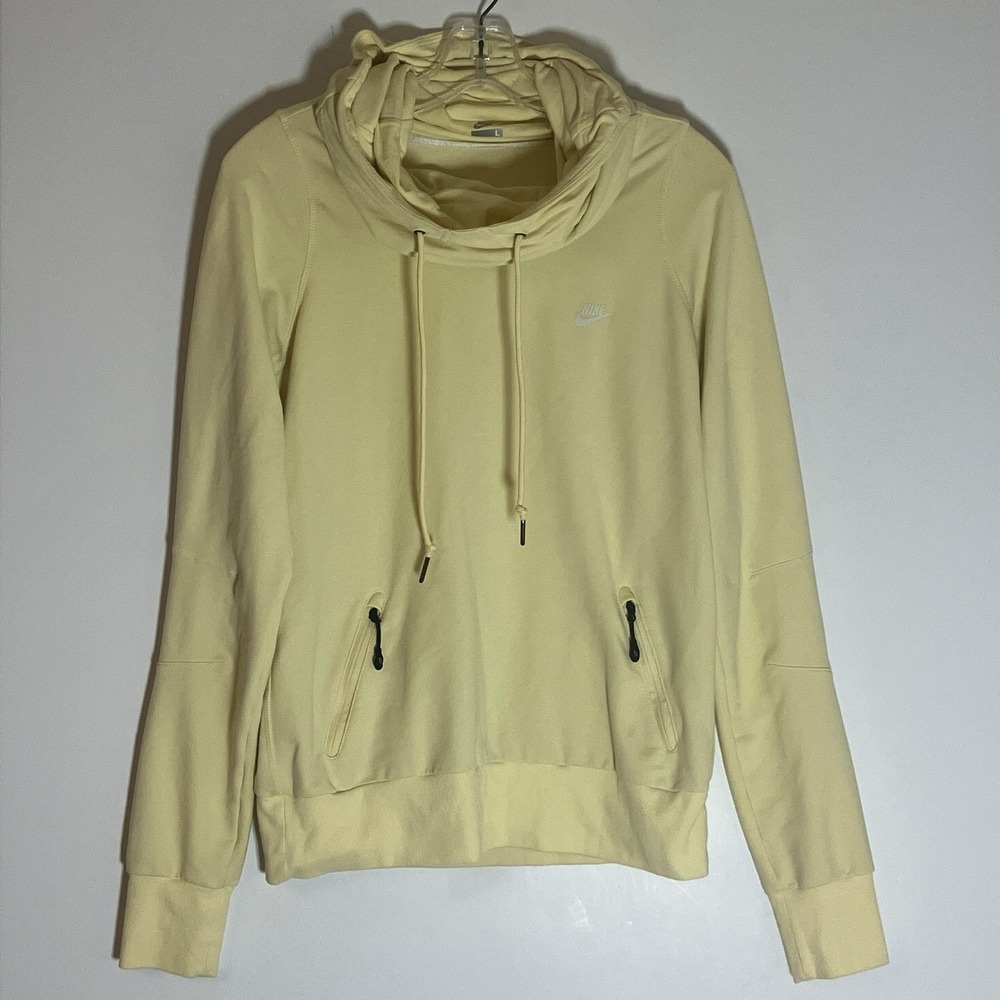 Nike Hoodie Womens Large Yellow Swoosh Pullover Athletic Zipper Pockets Cowl‎ L